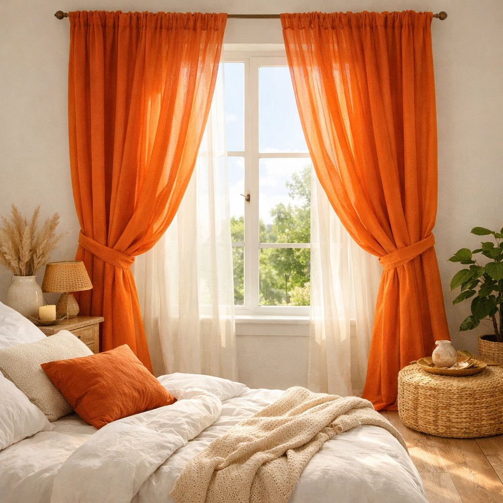 A cozy bedroom featuring burnt orange curtains, a white bed with various pillows, and warm decor elements.