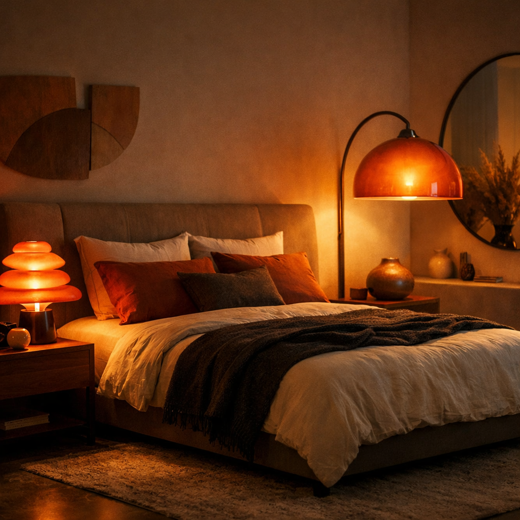 Cozy bedroom with burnt orange lighting fixtures, decorative pillows, and a stylish decor.