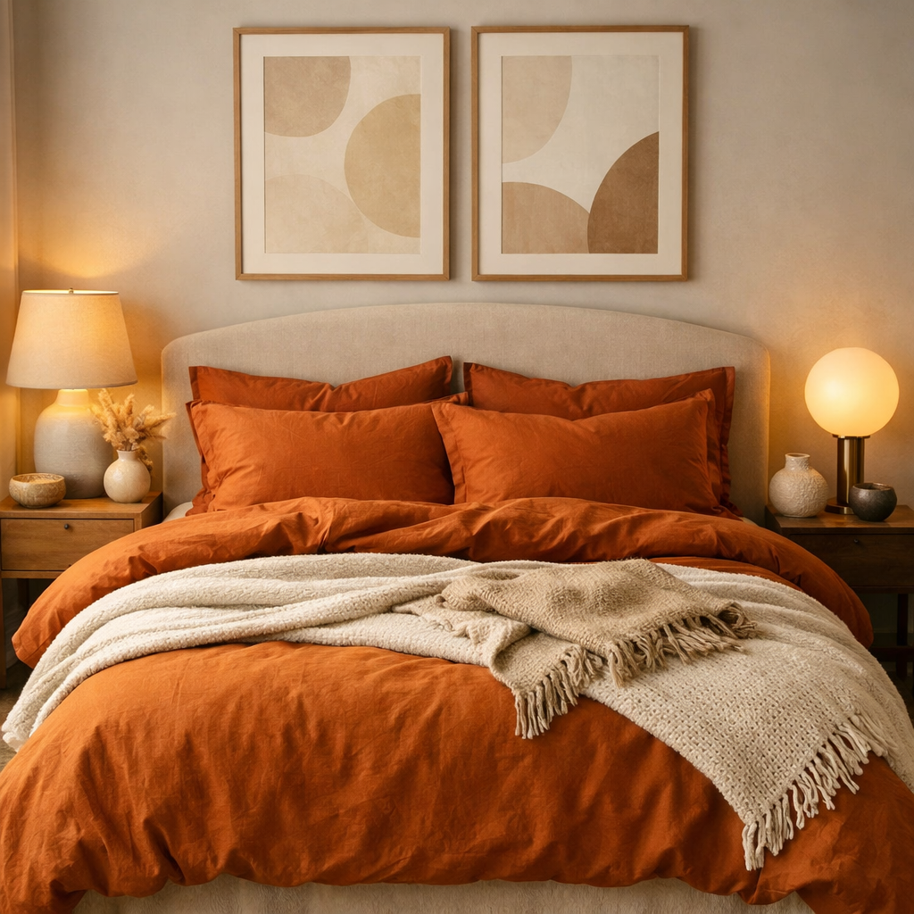 A cozy bedroom featuring burnt orange bedding with complementary neutral accents and warm lighting.