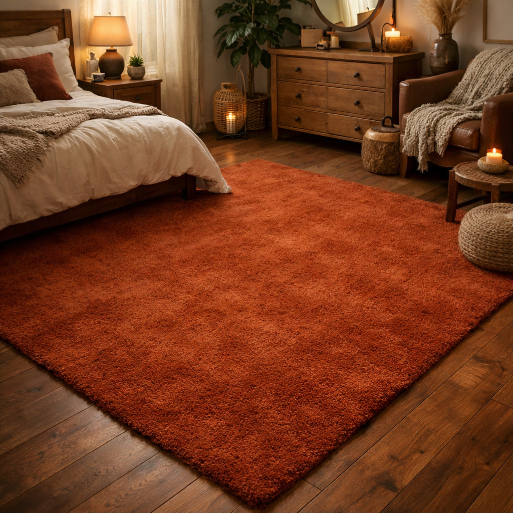 Cozy bedroom featuring a burnt orange rug, wooden furniture, soft bedding, and decorative lighting.