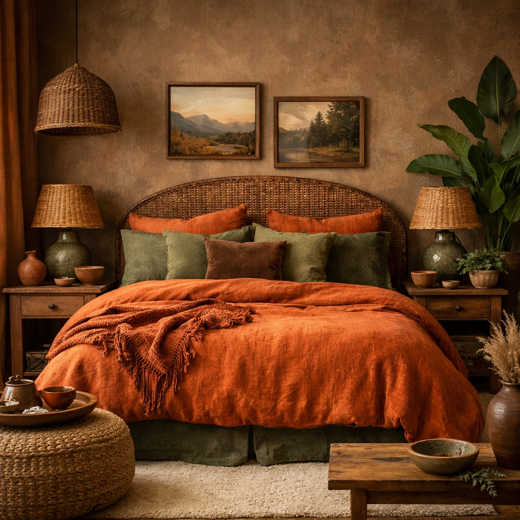 Cozy bedroom featuring burnt orange accents and earthy tones