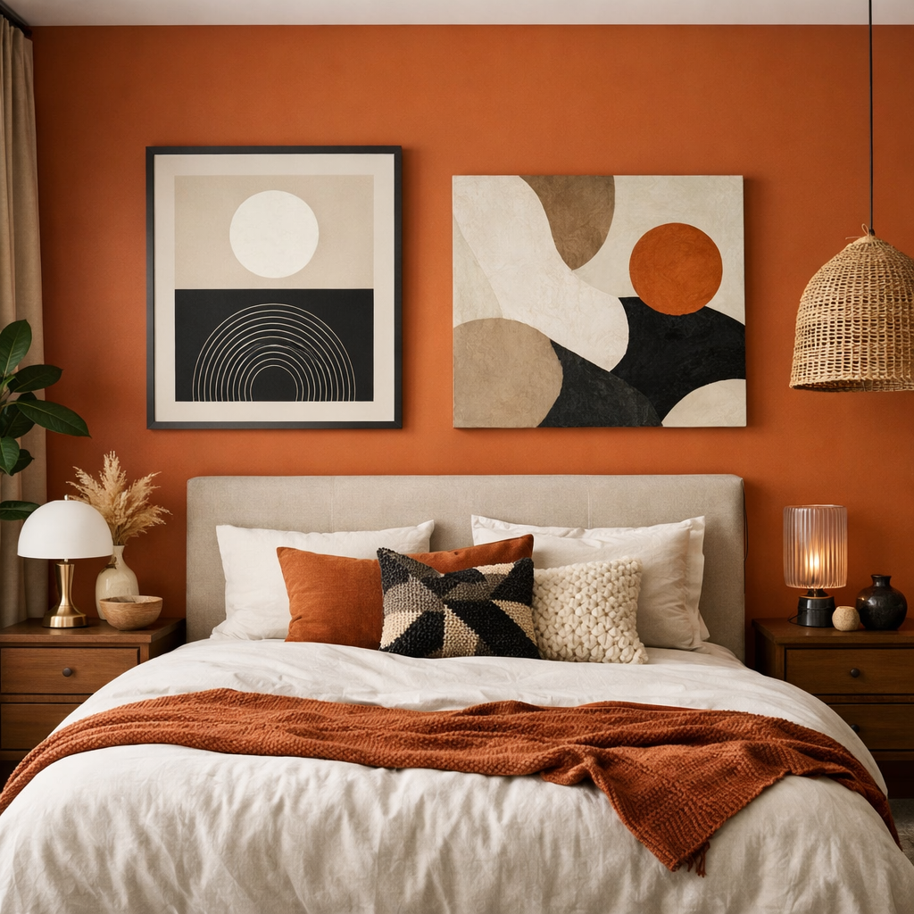 A cozy bedroom with a burnt orange statement wall, modern artwork, and layered textures.