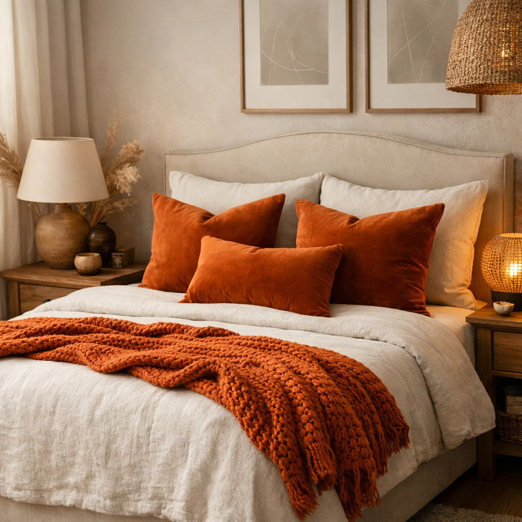 Cozy bedroom featuring burnt orange pillows and blanket on a bed