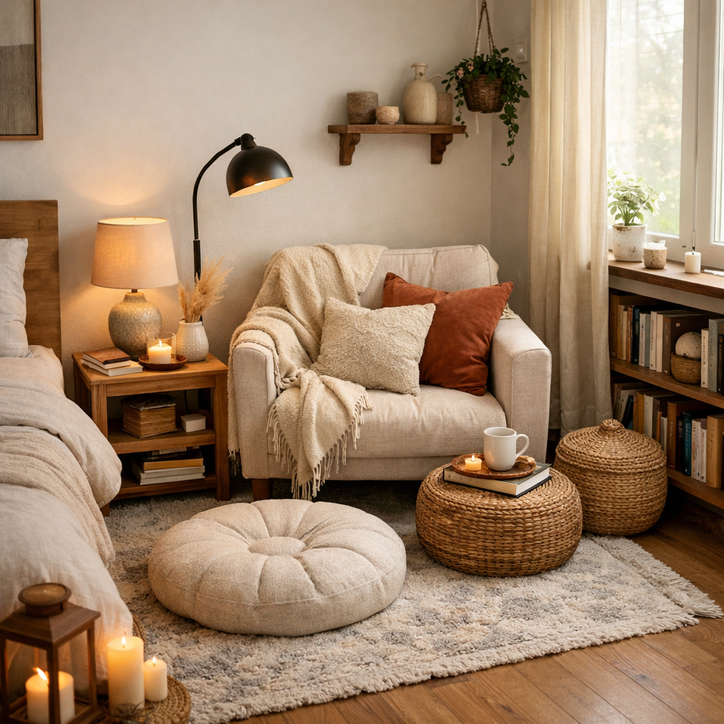 Cozy nook in a small bedroom featuring a plush area rug, comfortable chair, and soft lighting.
