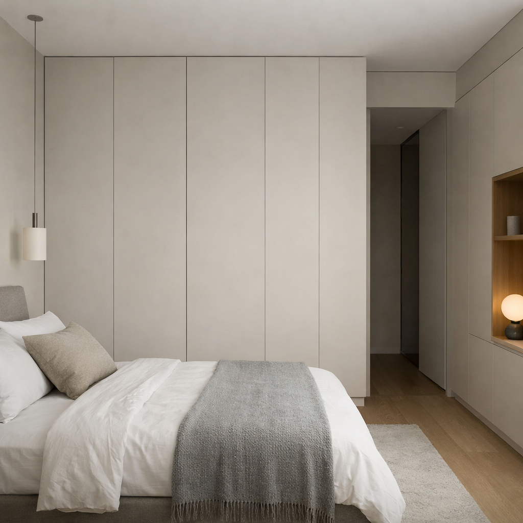 A sleek small bedroom featuring a built-in wardrobe that optimizes storage and maintains a clean aesthetic.