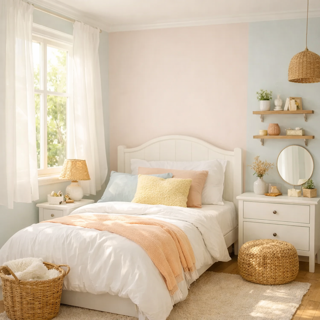 Cozy small bedroom with light color palette, including a white bed, pastel walls, and natural decor.