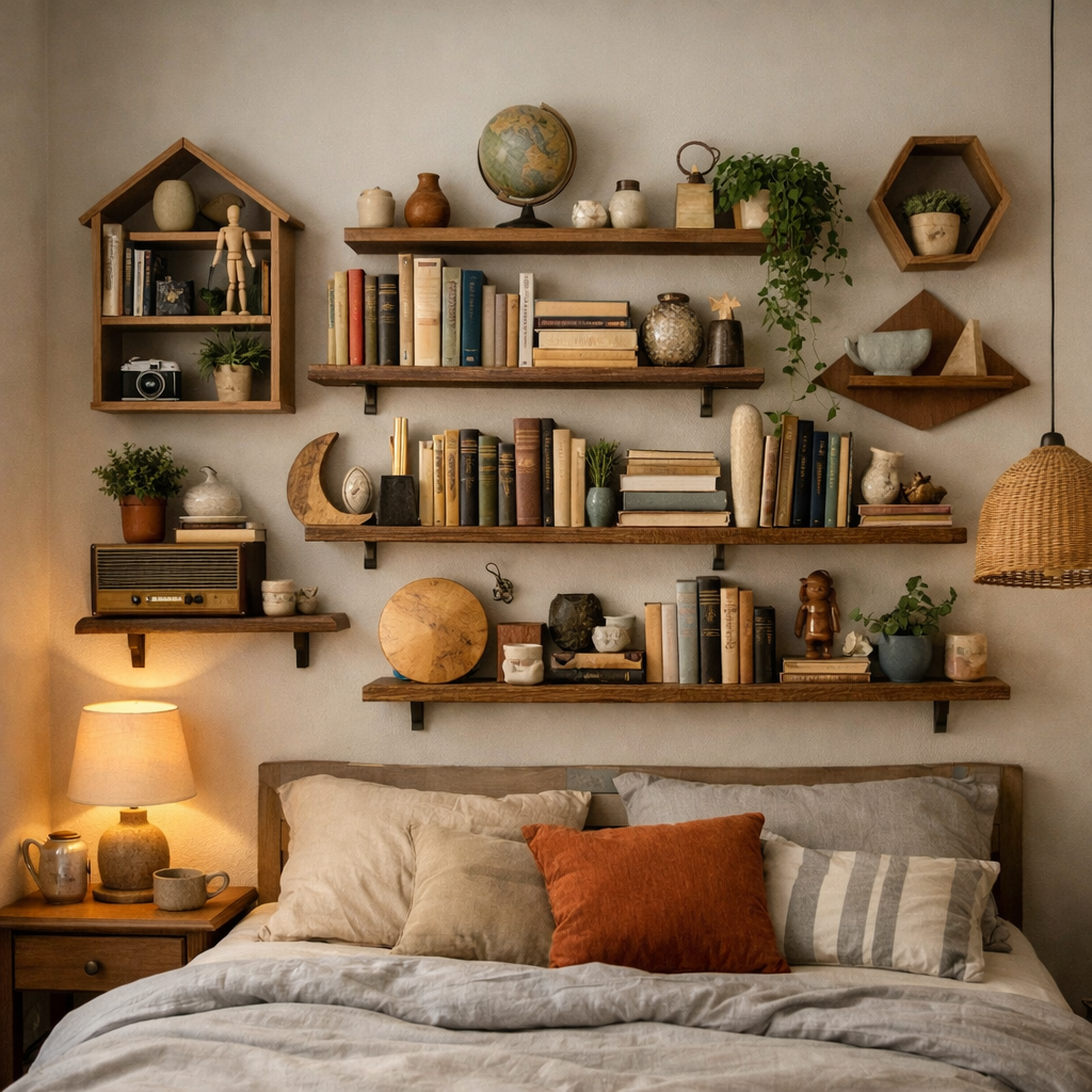 A cozy small bedroom featuring a wall with multiple wooden shelves filled with books, plants, and decorative items, alongside a neatly made bed.