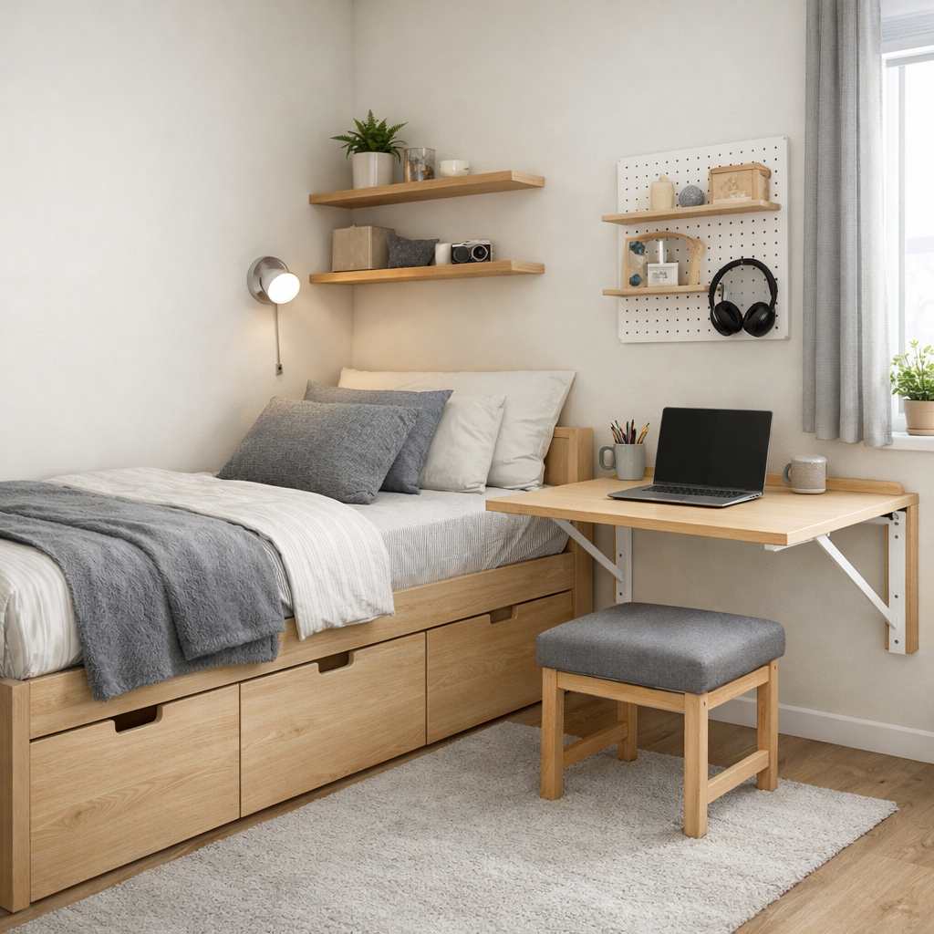 Cozy small bedroom featuring a multi-functional bed with storage and a foldable wall-mounted desk.
