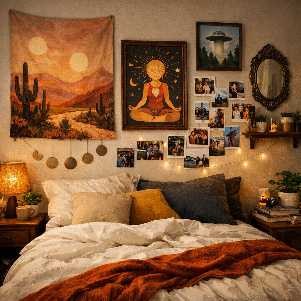 A cozy bedroom featuring personalized wall art, including a tapestry, framed artwork, and photos, with warm lighting and comfortable bedding.