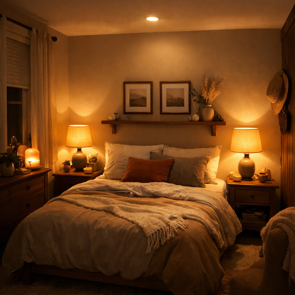 Cozy small bedroom with warm lighting and a bed decorated with pillows and throws