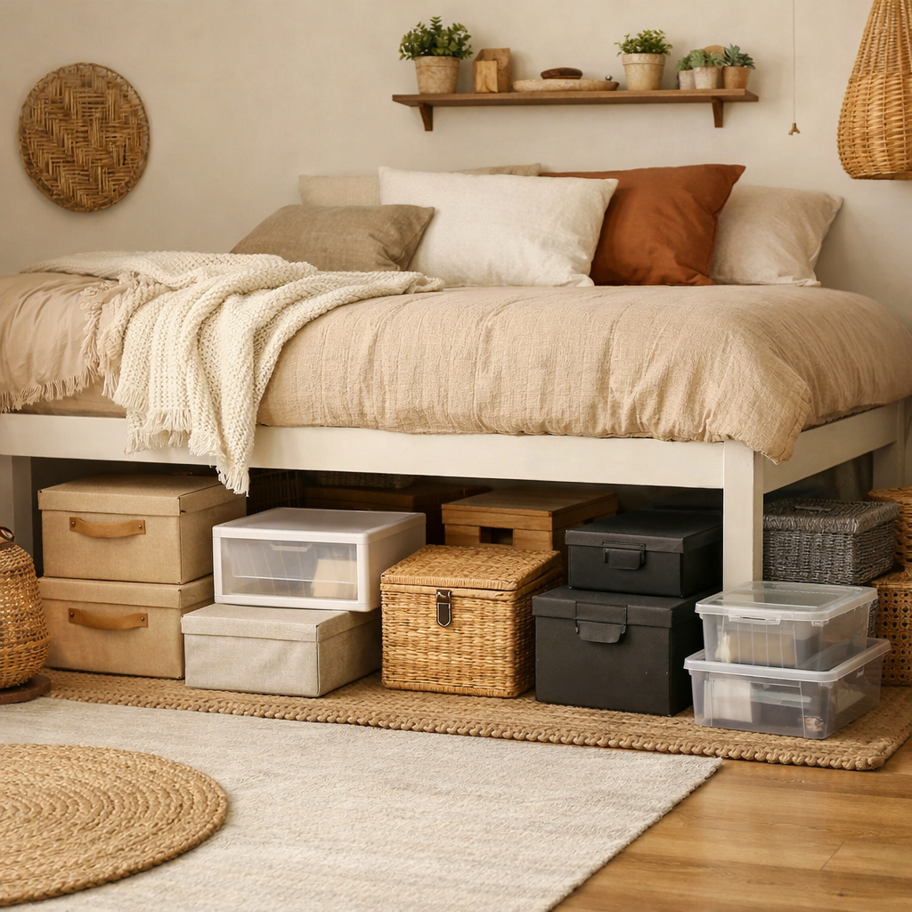 A cozy bedroom featuring multiple styles of under-bed storage including woven baskets, fabric boxes, and clear bins.