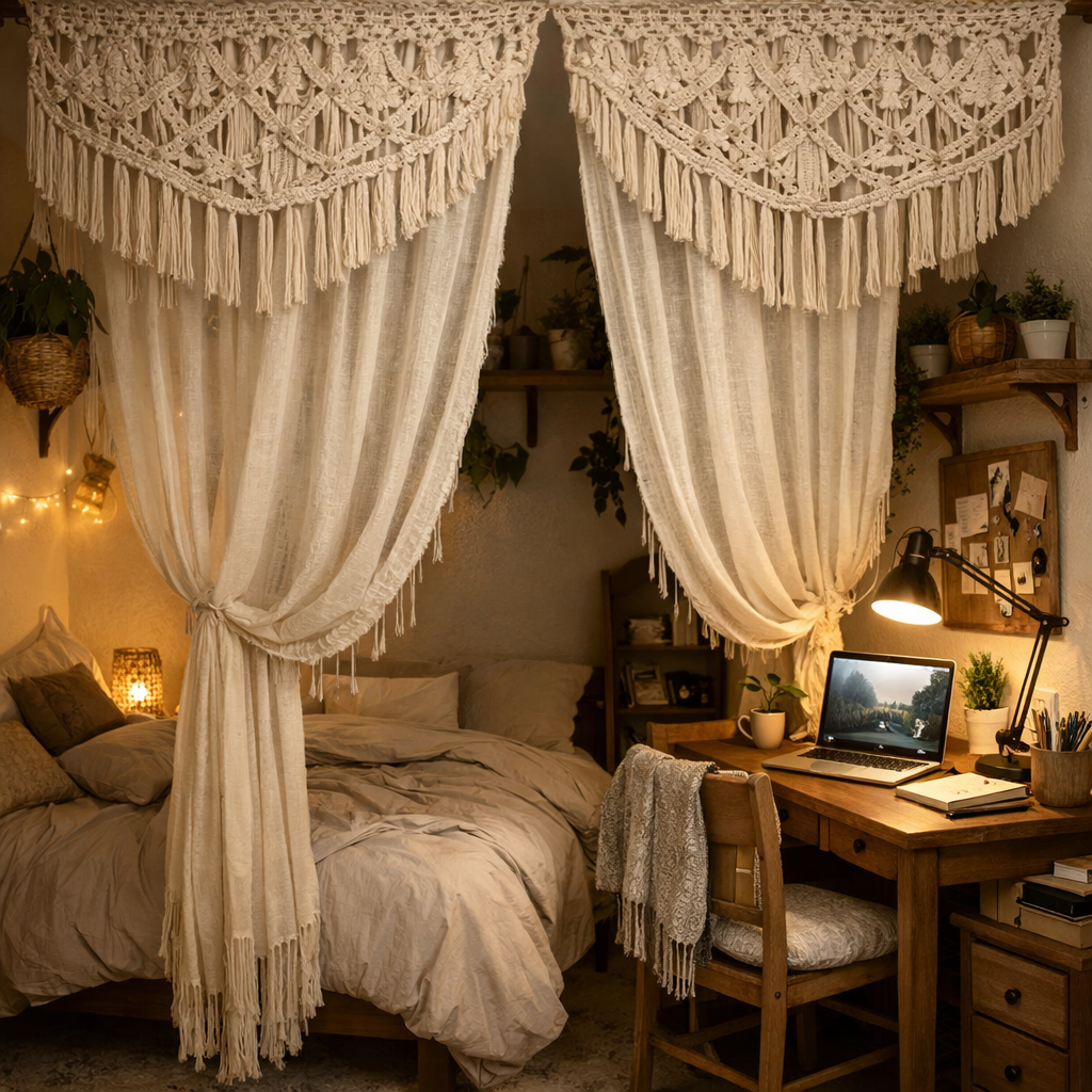 A cozy room with curtains dividing a bed and a workspace, decorated with plants.