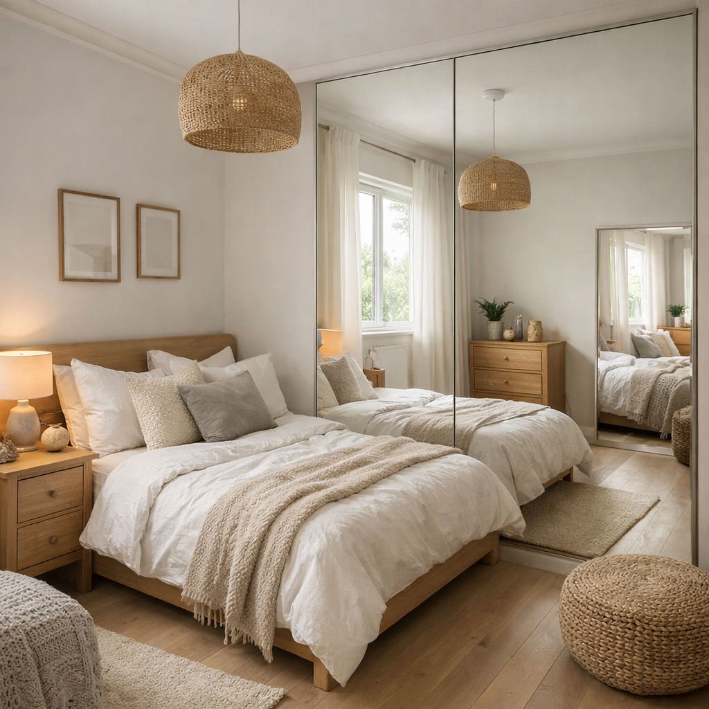 A small bedroom featuring a large mirrored wall, cozy bedding, and warm lighting.