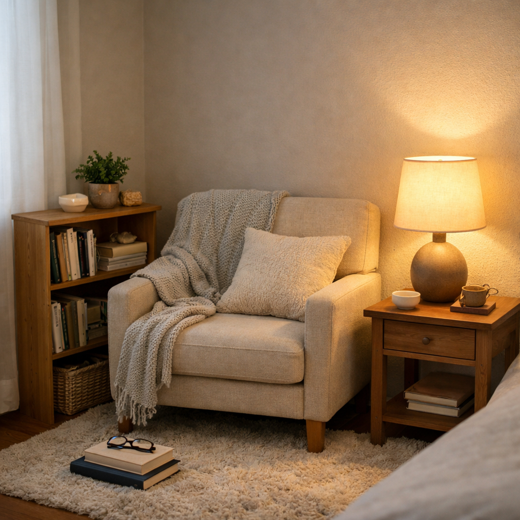 Cozy reading nook in a small guest bedroom with an armchair, lamp, and bookshelves.