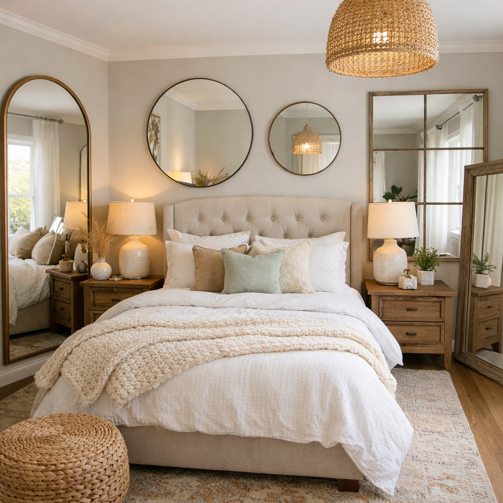 Small guest bedroom with creative use of mirrors reflecting light.
