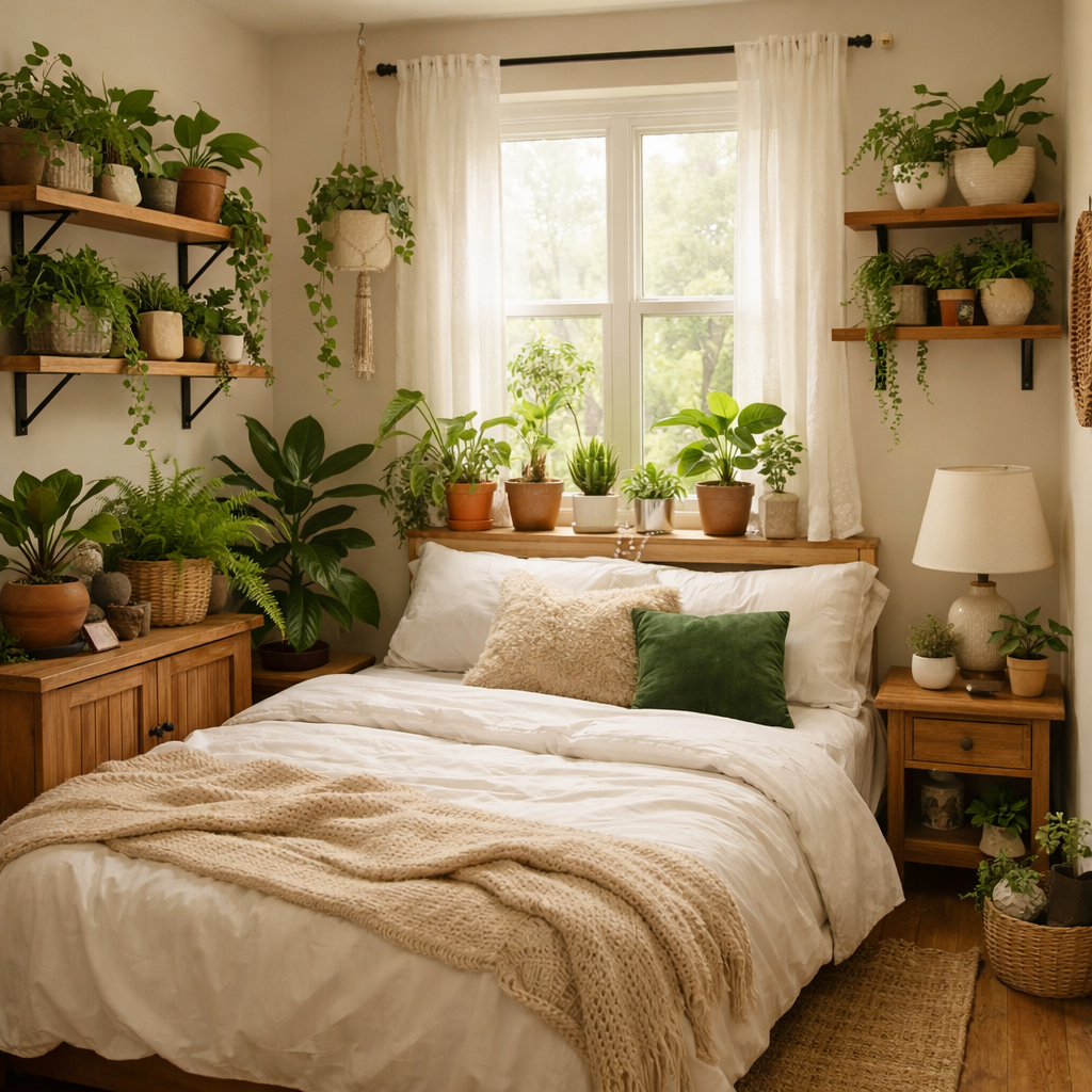 A cozy guest bedroom filled with various indoor plants, showcasing shelves with pots and a bright window.