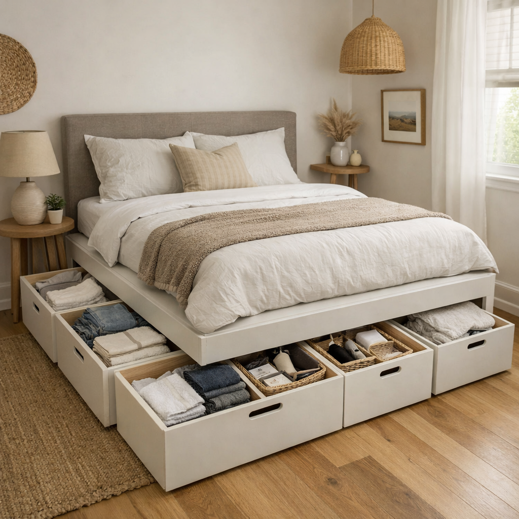 A small guest bedroom featuring a bed with under-bed storage drawers filled with neatly folded linen and towels.