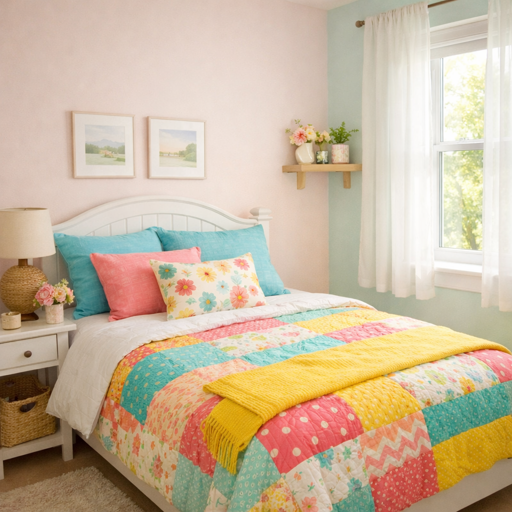 A bright and cozy small guest bedroom featuring a light color palette with pastel walls and a colorful patchwork quilt.