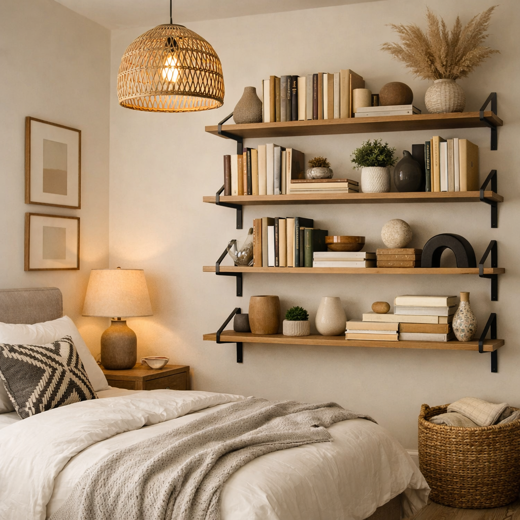 Stylish small guest bedroom with modern shelving, books, and decorative items.