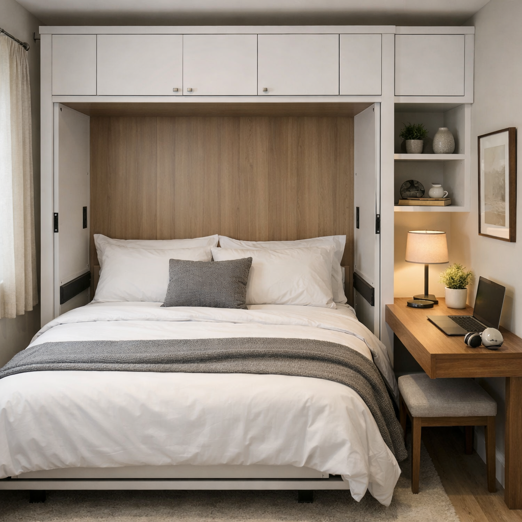 A small guest bedroom with a fold-down bed, storage, a desk area, and warm lighting.