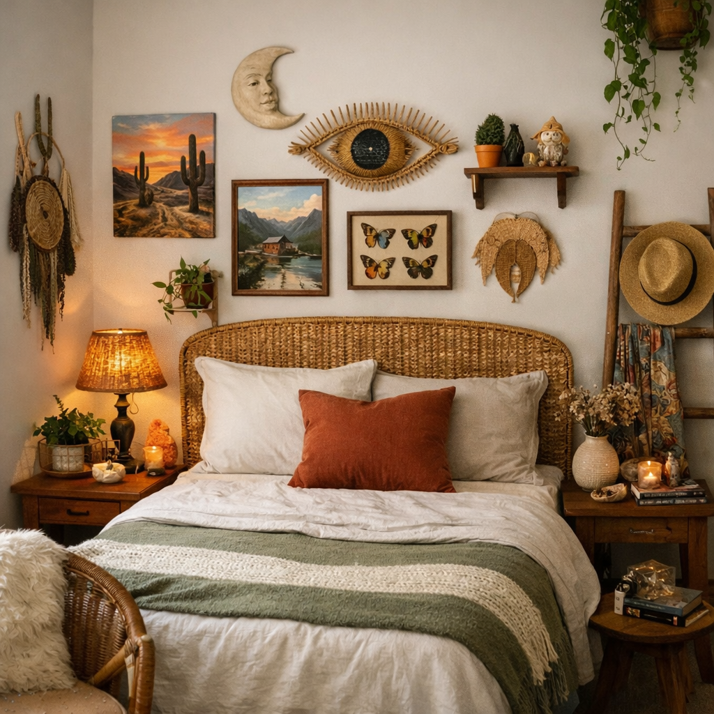 Cozy small guest bedroom with art and decor showcasing personal touches.