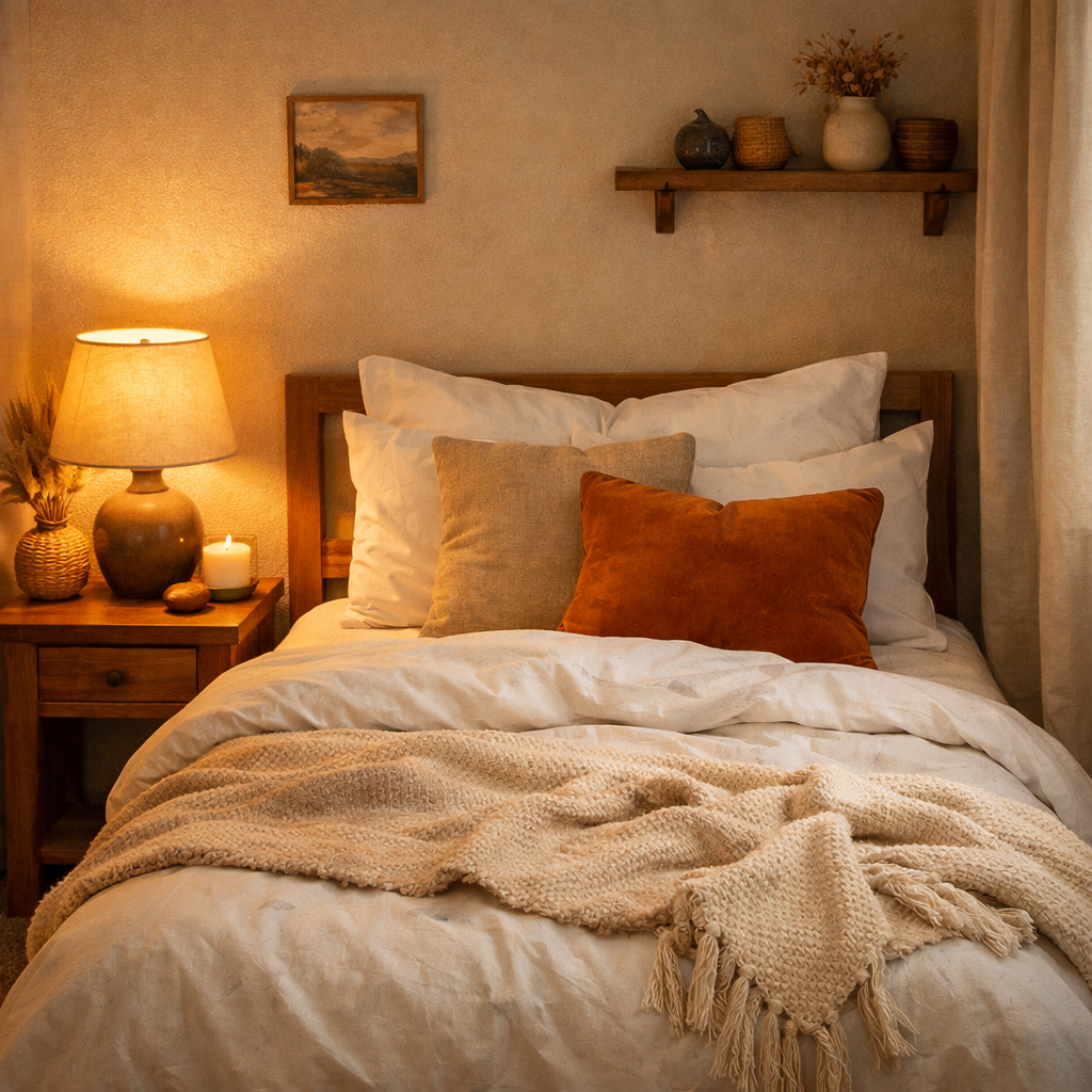 Cozy small guest bedroom with layered bedding and warm lighting