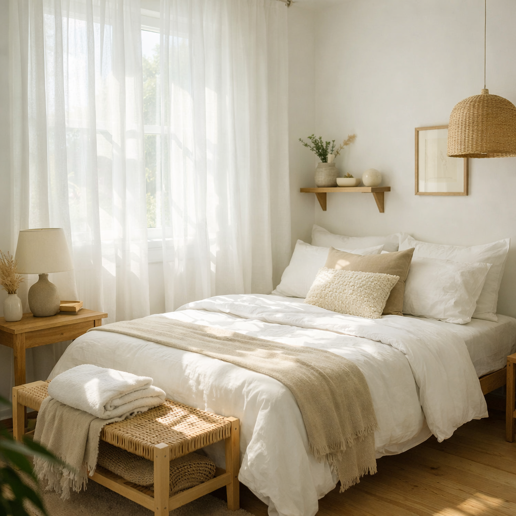 A small guest bedroom with white walls, sheer curtains, a cozy bed, and natural elements.