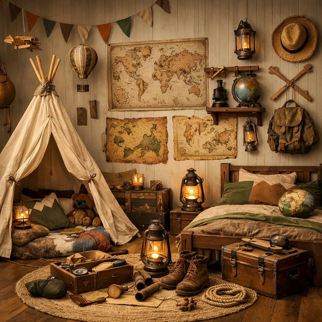 A cozy adventure-themed kids bedroom featuring a teepee, maps, lanterns, and rustic decor.