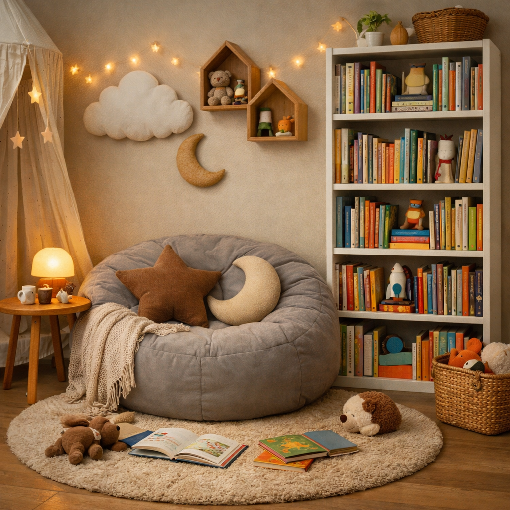 A cozy reading corner in a kids' bedroom, featuring a plush bean bag chair, colorful bookshelves, and soft lighting.