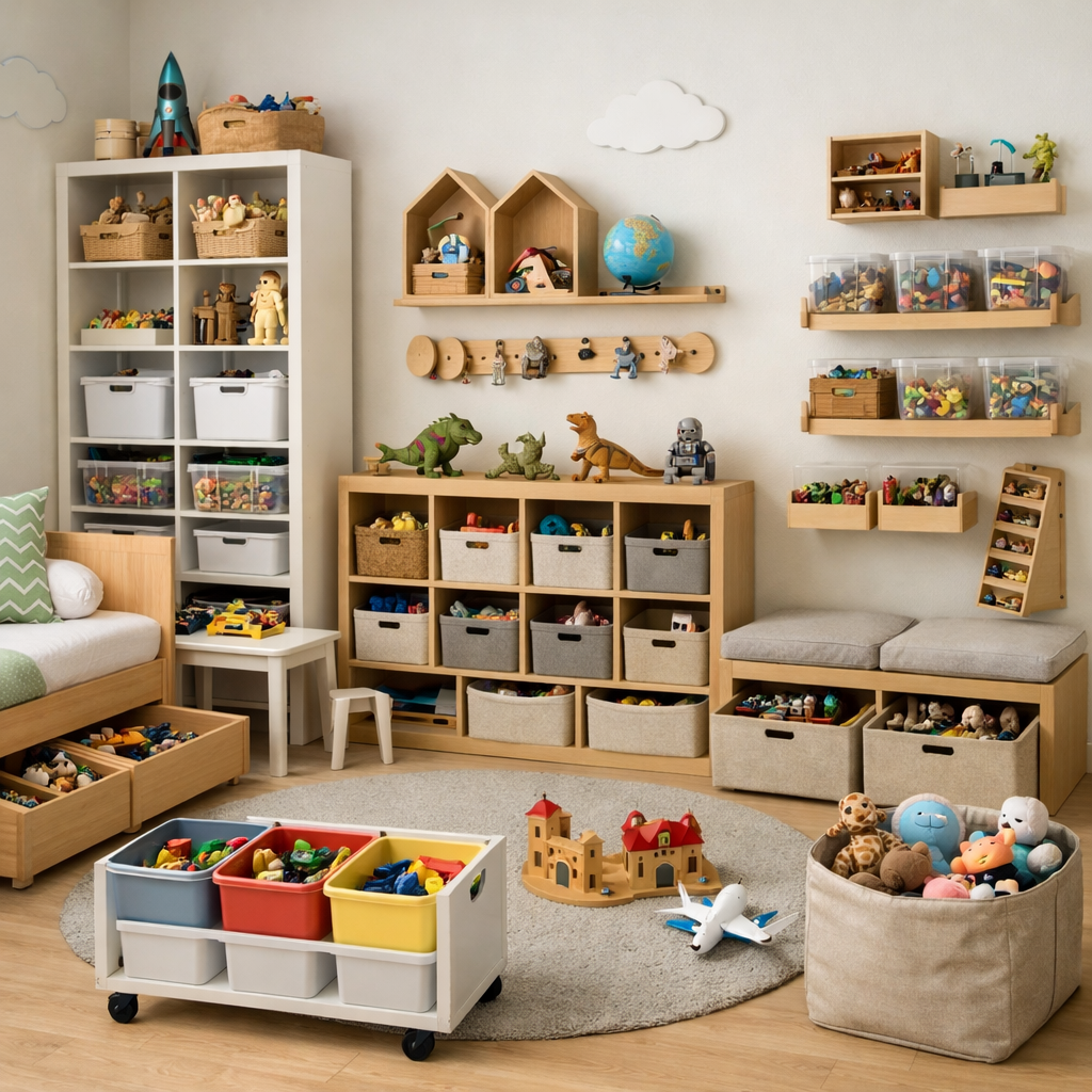 A vibrant kids' bedroom featuring various creative storage solutions for toys.