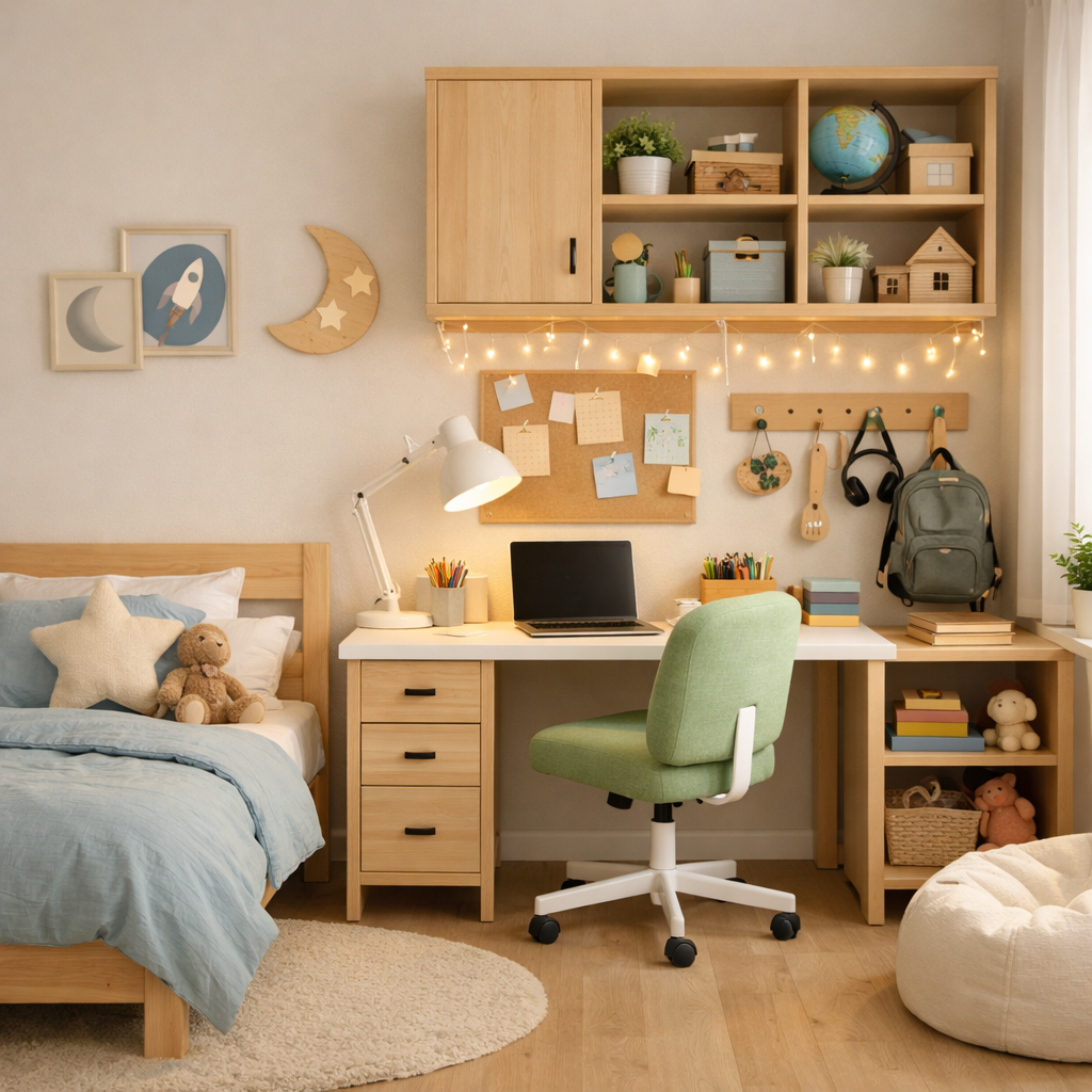 Cozy study nook in a kid's bedroom featuring a desk, chair, and decorative elements.