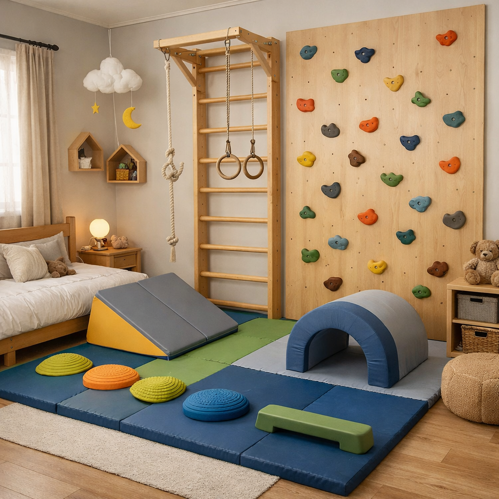 Interactive play zone in a kid's bedroom with climbing wall, gymnastic ladder, and colorful foam shapes.