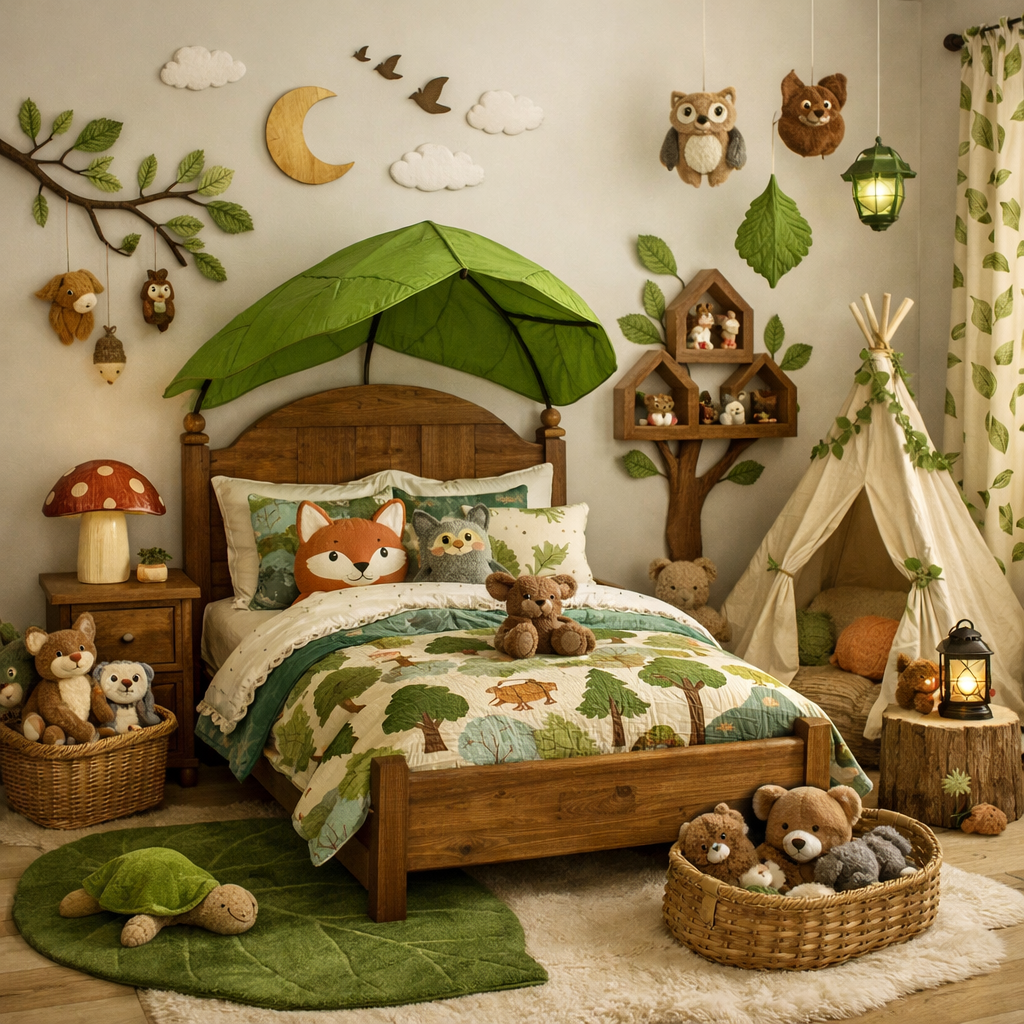 A cozy kids bedroom with nature-inspired decor featuring forest-themed bedspread, stuffed animals, and leafy decorations.