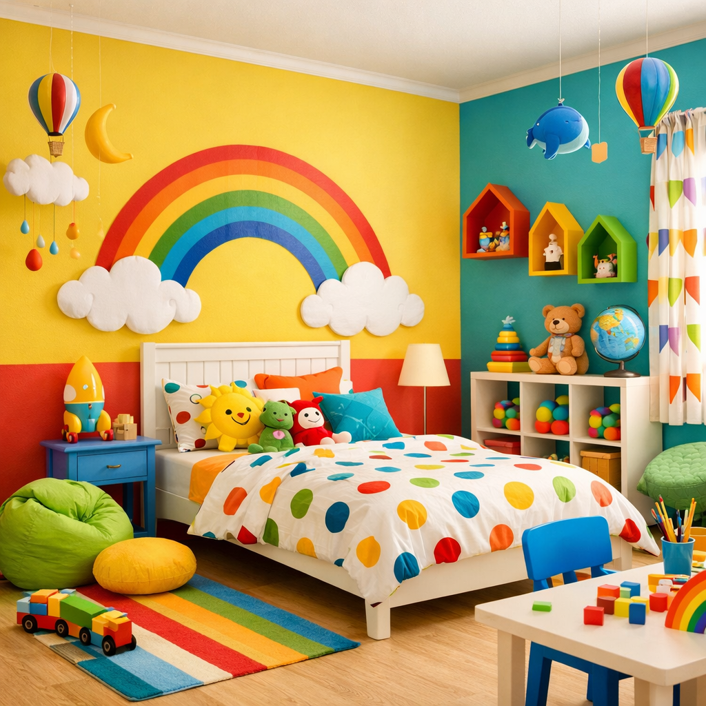 Colorful small kids bedroom with rainbow mural, polka dot bedding, and playful decor.