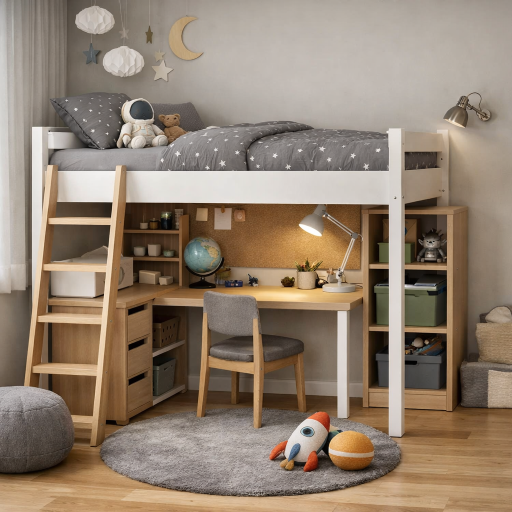 A cozy and organized kids bedroom featuring a loft bed, workspace underneath, and thoughtful storage solutions.