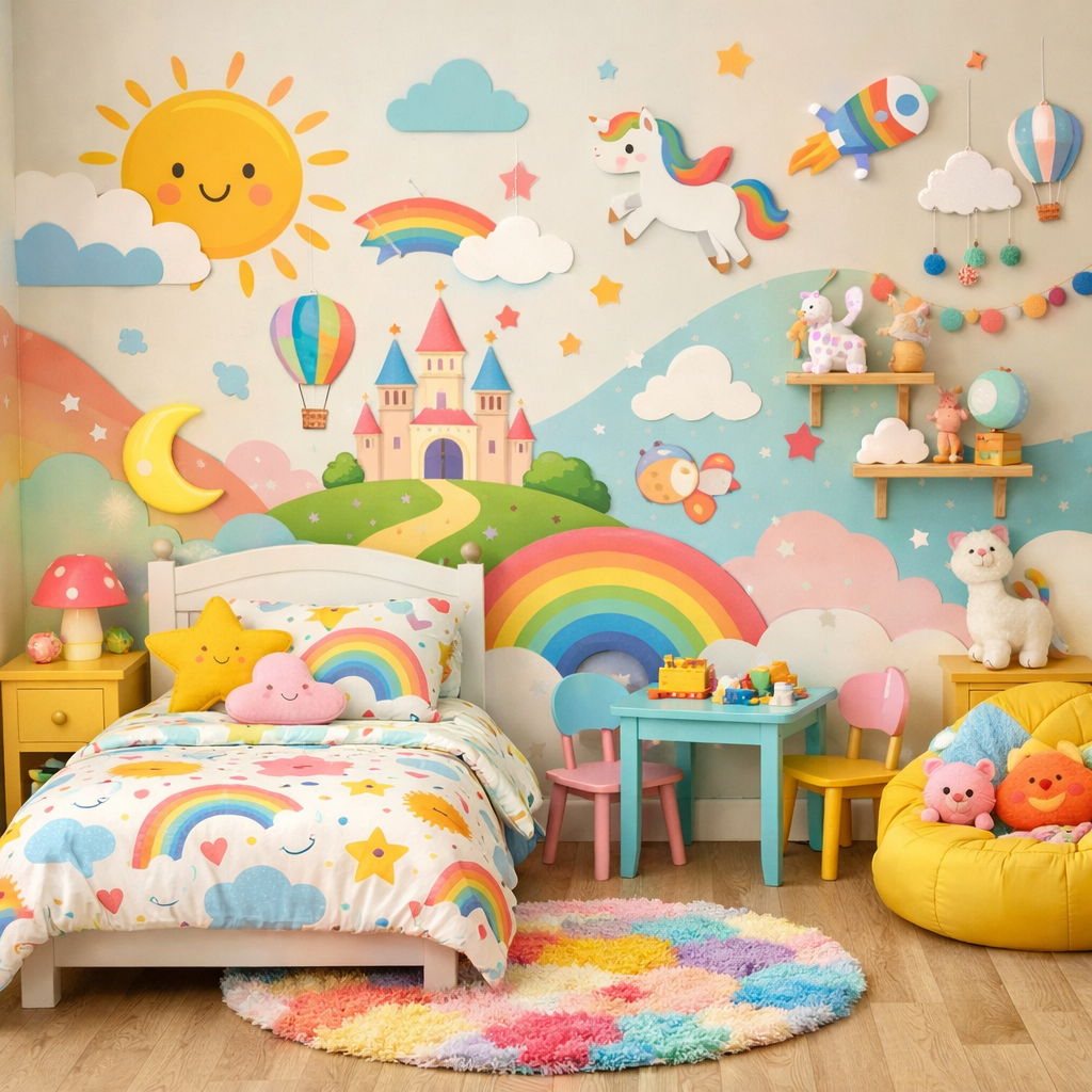 A playful and colorful kids bedroom with a rainbow theme, featuring a sunny mural, cheerful bedding, and colorful furniture.