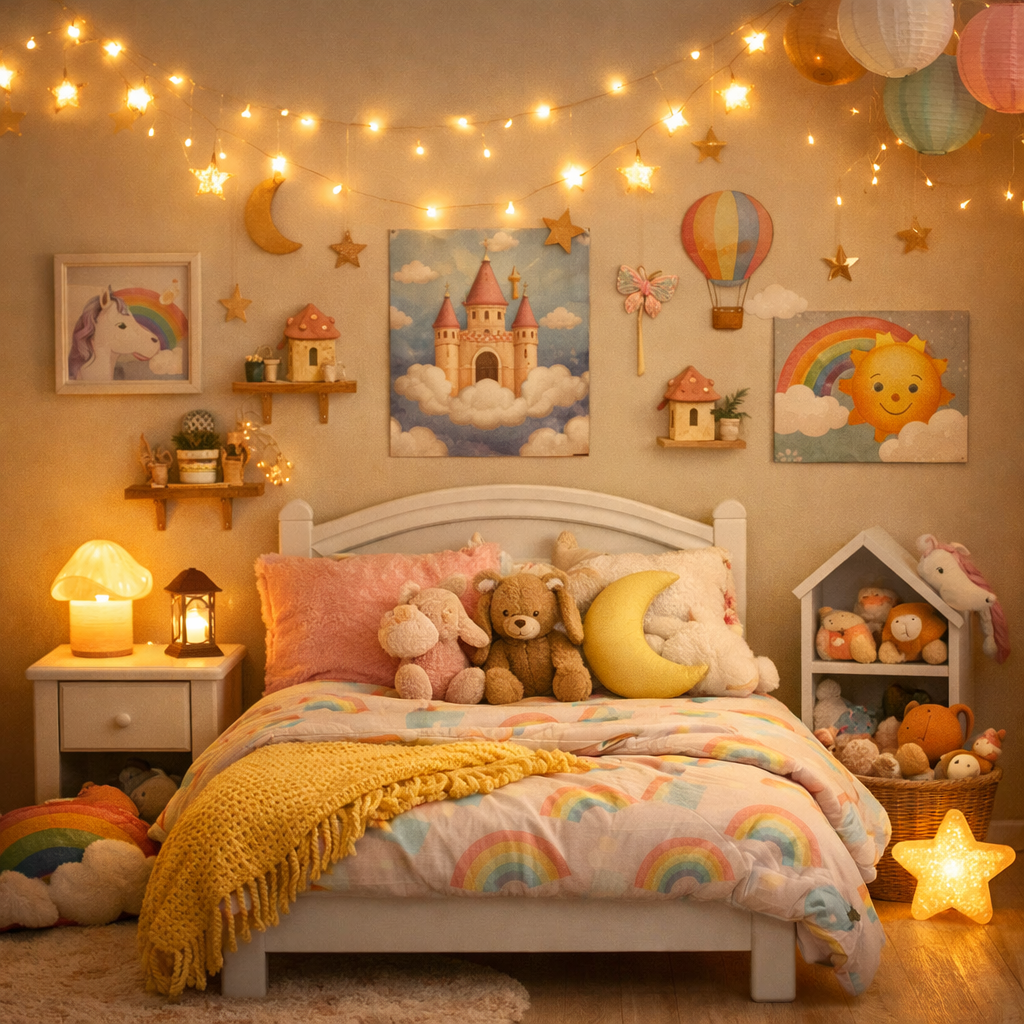 A cozy children's bedroom with whimsical decorations, fairy lights, and soft toys.
