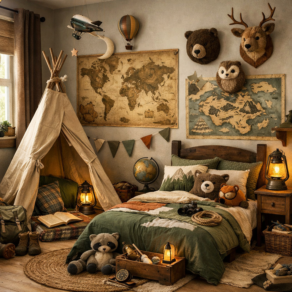A cozy adventure-themed boys bedroom featuring a teepee, vintage maps, and animal decor.