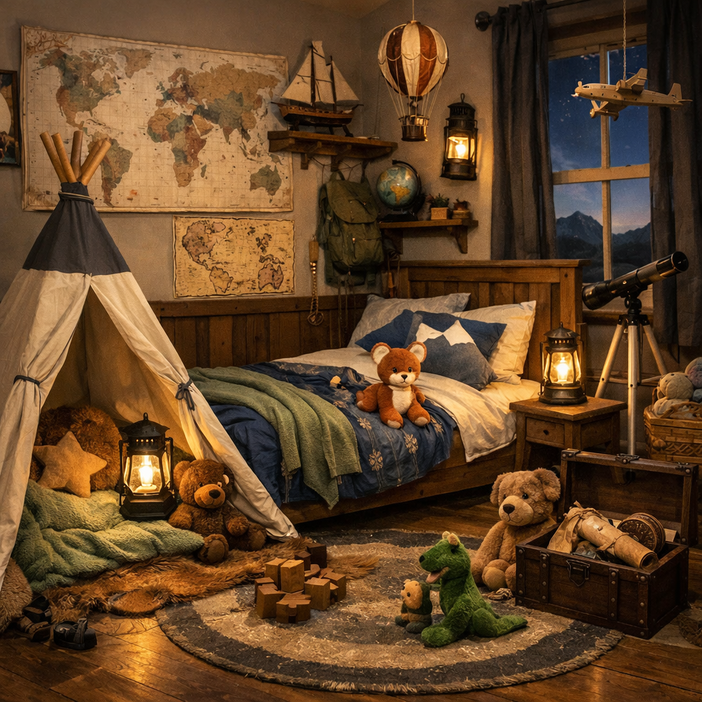 Adventure-themed boys bedroom with a tent, world map, telescope, and cozy decor.