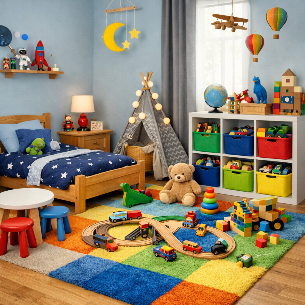 A colorful boy's bedroom featuring a vibrant play area with a train track, plush toys, and a cozy teepee.