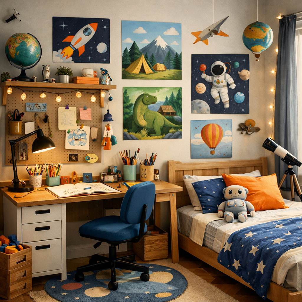 A colorful and creative study nook in a small boy's bedroom featuring a desk, art supplies, and playful wall art.