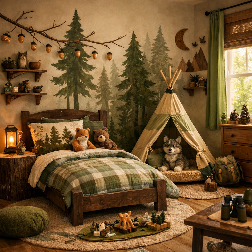 A cozy nature-inspired boys bedroom with a tree mural, wooden furniture, and soft toys.