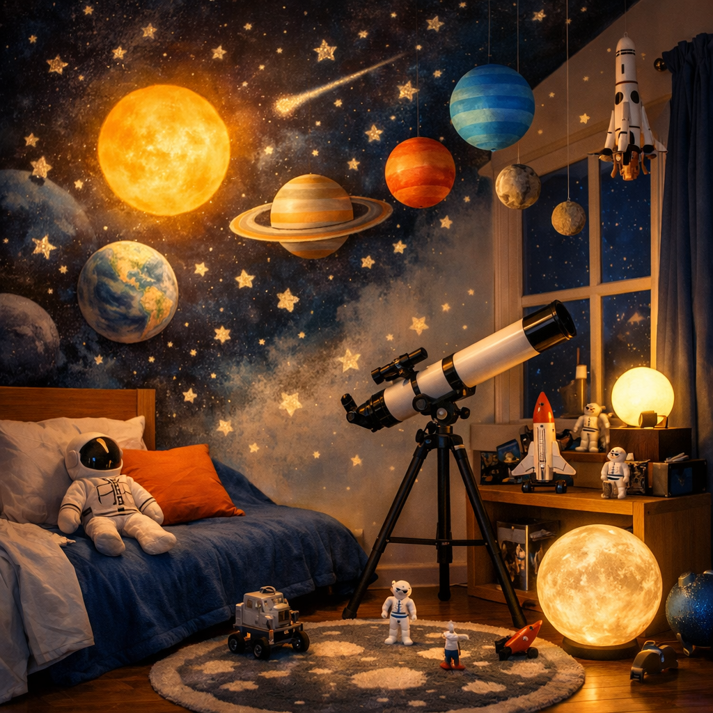 A cozy bedroom corner themed around space exploration, featuring planets on the wall, a telescope, and astronaut toys.