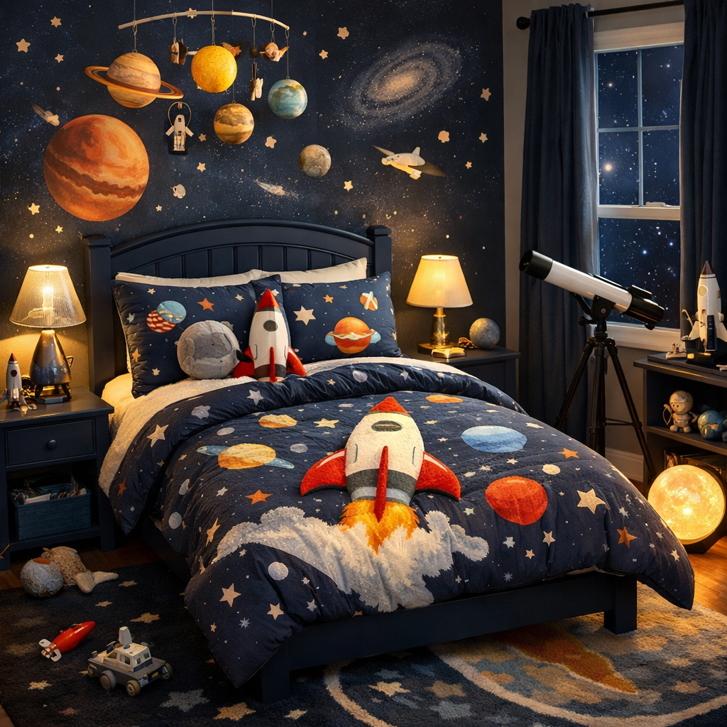 A small boys bedroom designed with a space exploration theme, featuring a rocket ship comforter, planets on the walls, and a telescope.