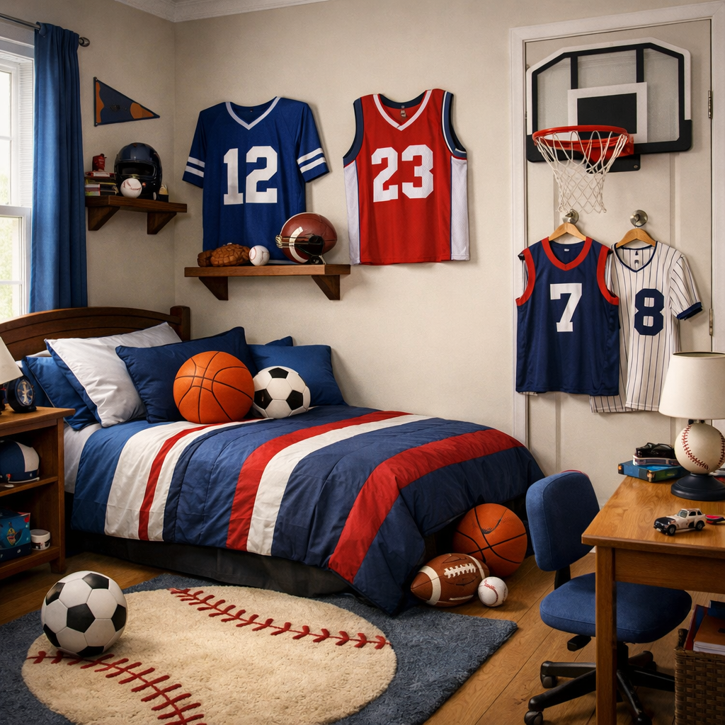 A sports-themed bedroom featuring various sports accessories like jerseys, plush balls, and a mini basketball hoop.