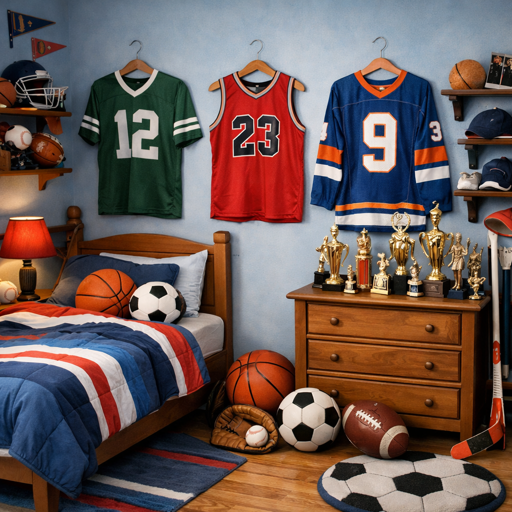 A small boy's bedroom designed with a sports enthusiast theme, featuring jerseys, trophies, and various sports balls.