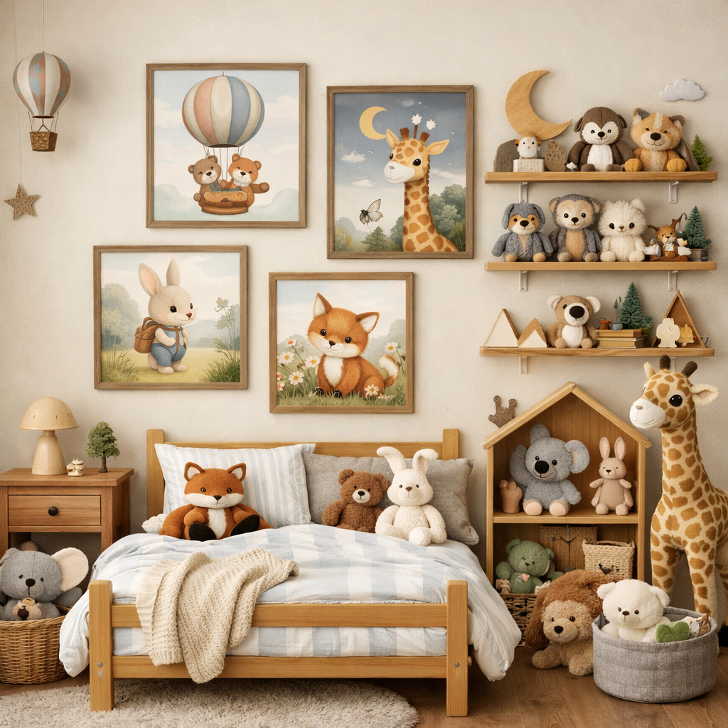 A cozy small boys bedroom featuring whimsical animal decor with framed animal art and plush toys.