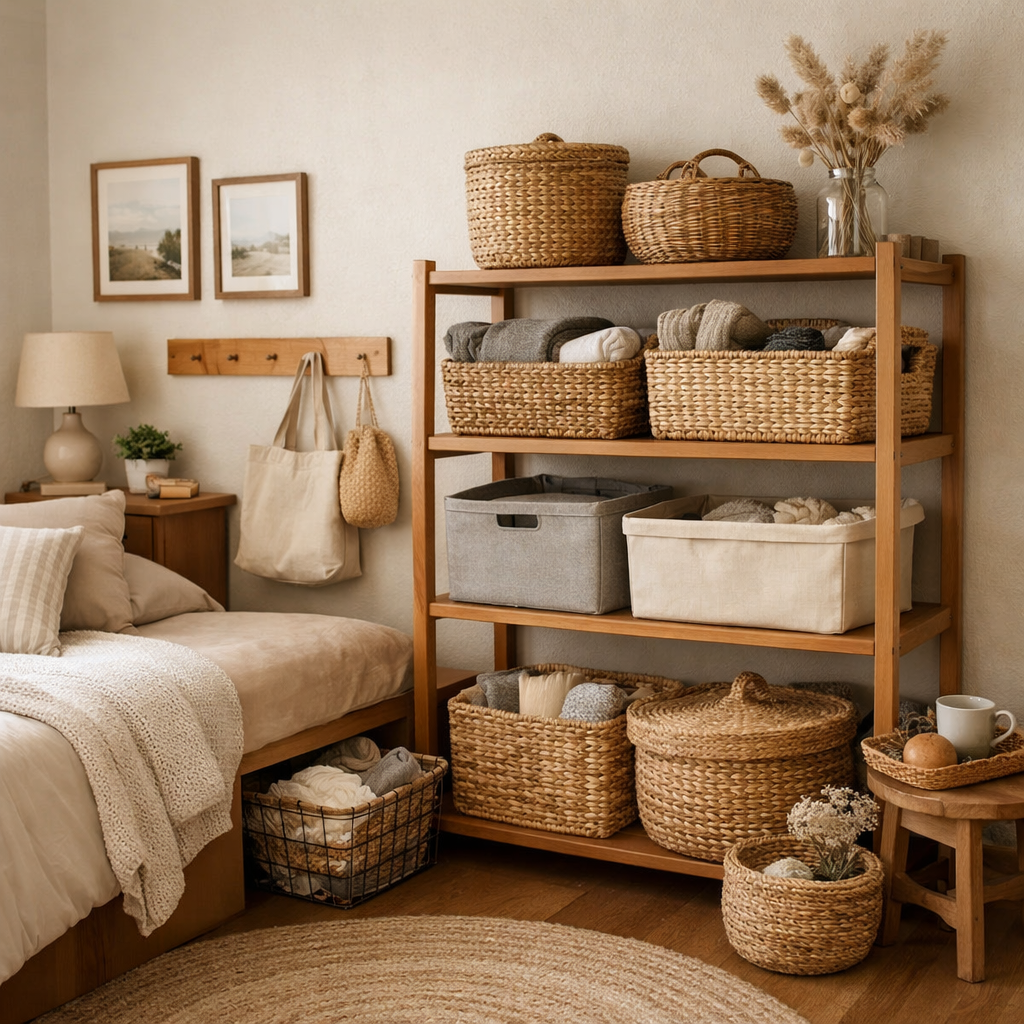A cozy bedroom with a wooden shelf filled with woven baskets and bins for storage.