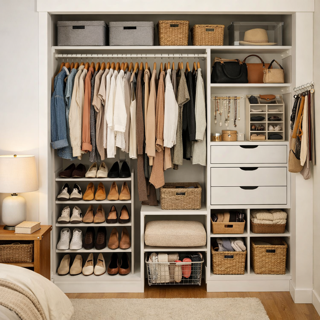 Organized closet with clothes, shoes, and storage boxes