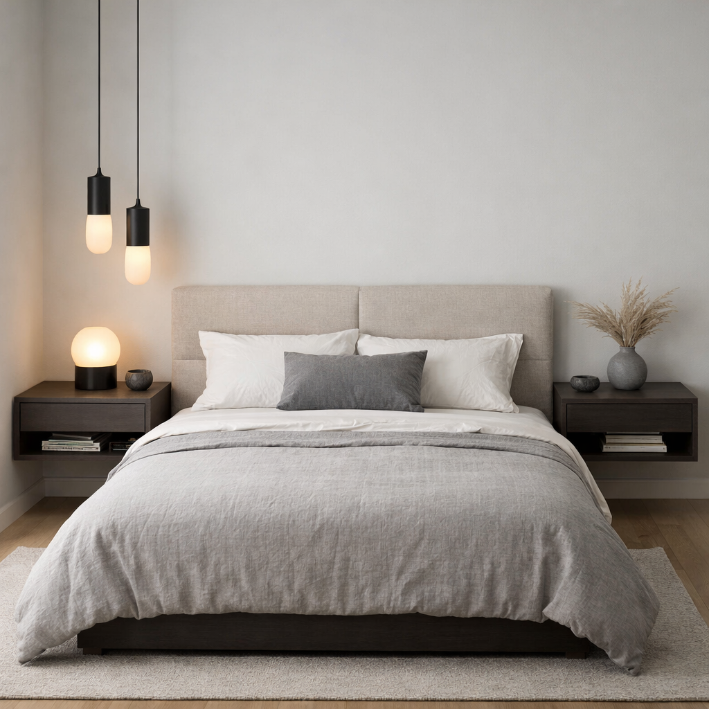 A modern bedroom featuring floating nightstands with decorative items, a cozy bed, and hanging lamps.